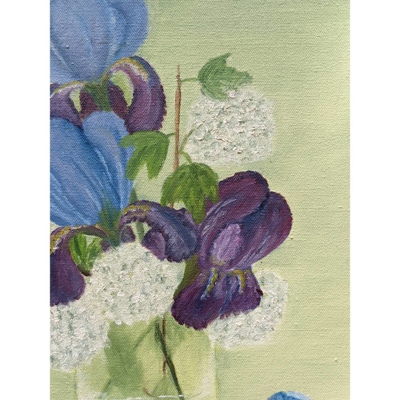 Vintage Mid-Century Floral Oil Painting, Pansies Iris Snowballs, Mint Green - Picture 4 of 10